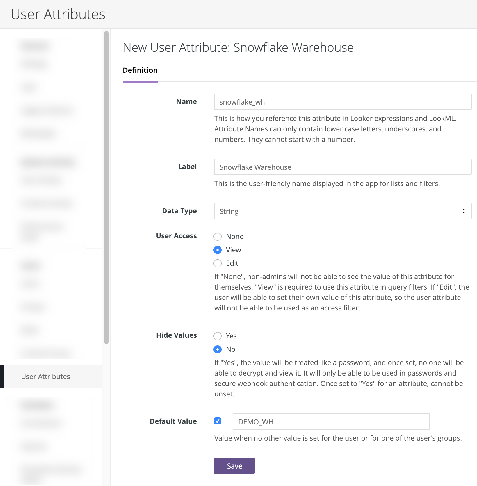 Página &quot;User Attributes&quot; no Looker, mostrando o atributo do usuário do depósito do Snowflake.