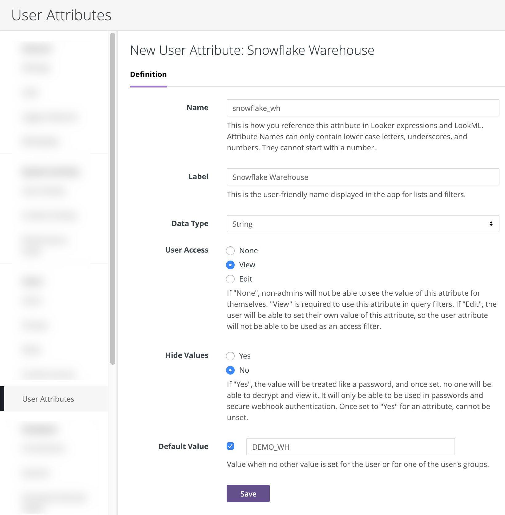 Looker 中的“用户属性”页面，其中显示了 Snowflake 仓库用户属性。