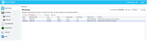 The Warehouses tab in the Snowflake UI, showing the Autosuspend and Autoresume checkboxes