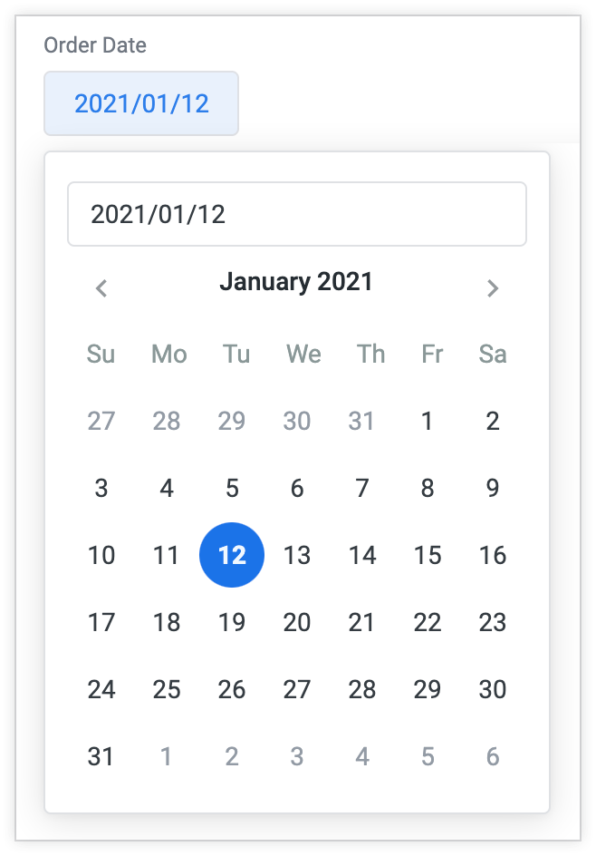 Um controle de dia único aparece inicialmente como uma única data, que pode ser selecionada para revelar uma agenda mensal.