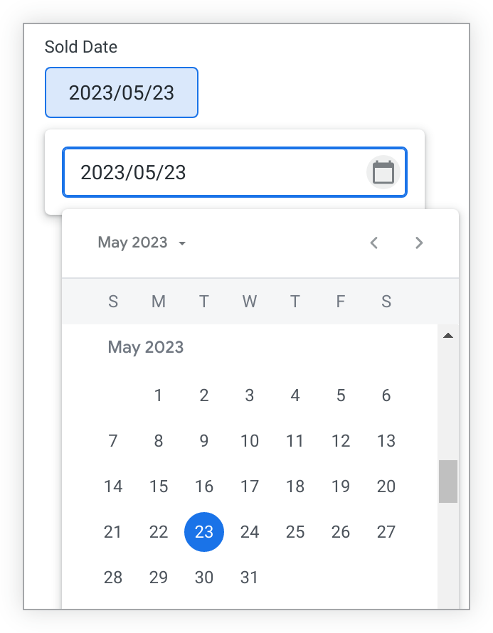 Um controle de dia único aparece inicialmente como uma única data, que pode ser selecionada para exibir um calendário mensal.