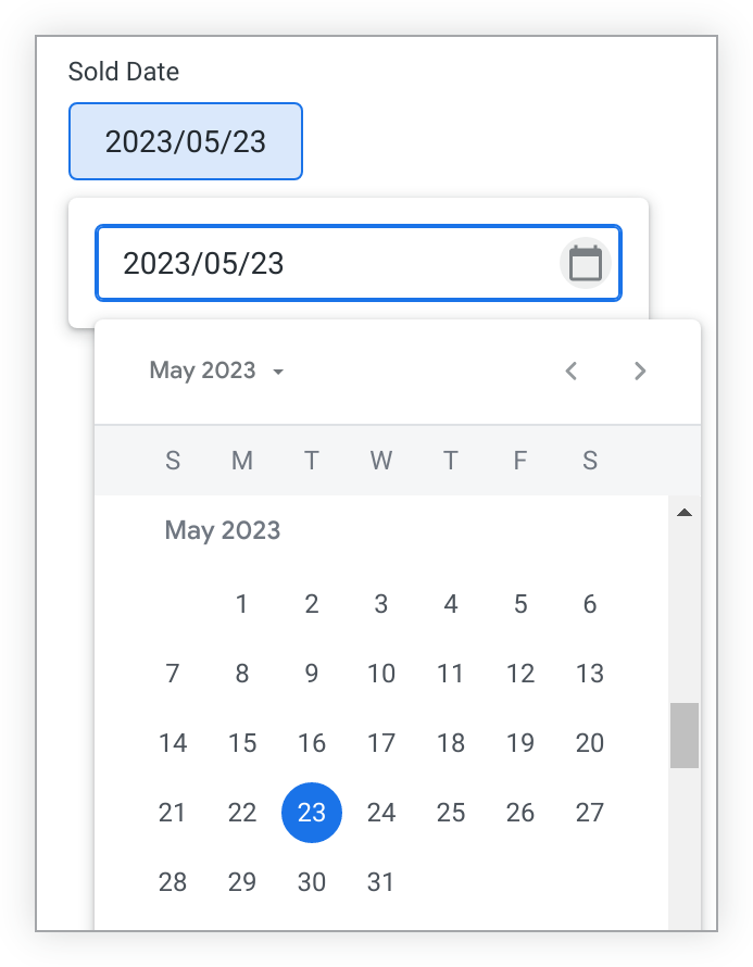 Un control de un solo día aparece inicialmente como una sola fecha, que se puede seleccionar para mostrar un calendario mensual.