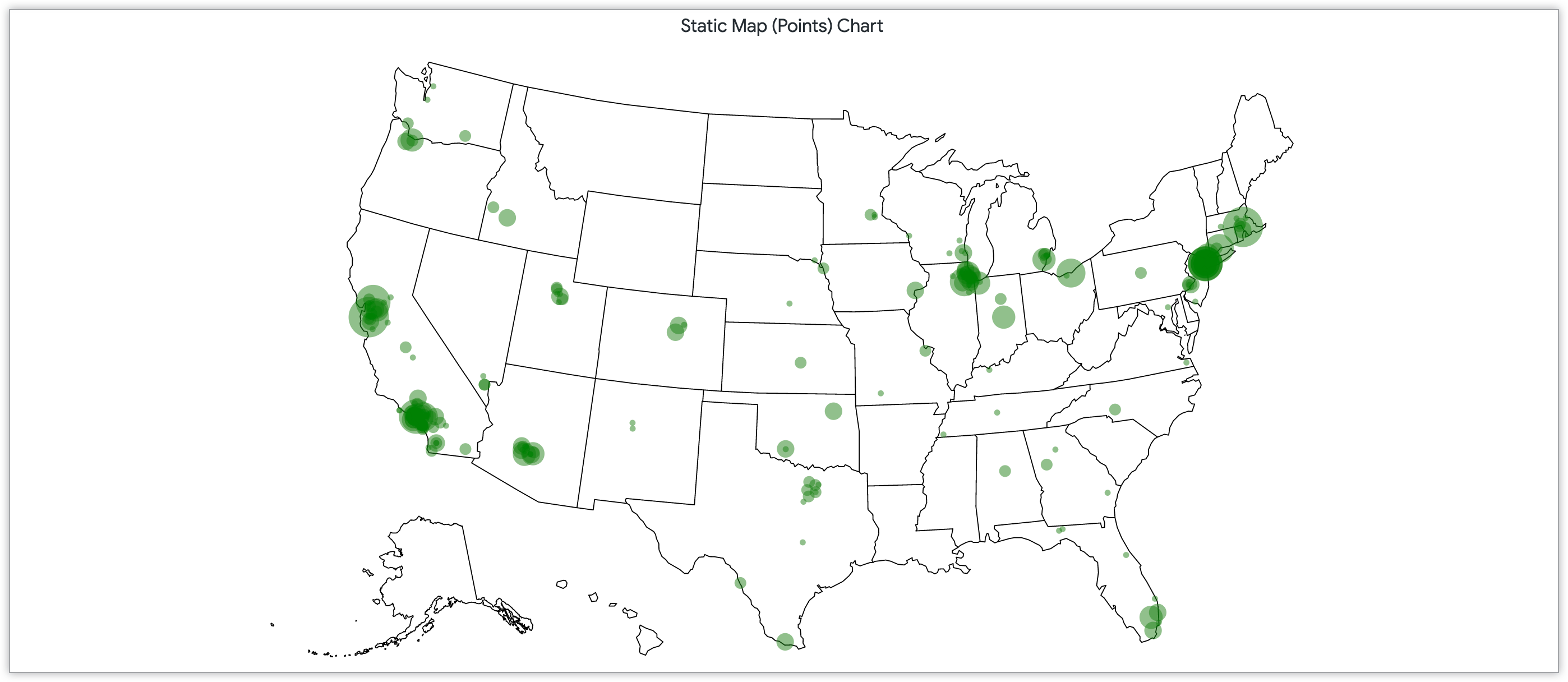 静态地图图表，其中的点按美国各地邮政编码的客户数量确定。