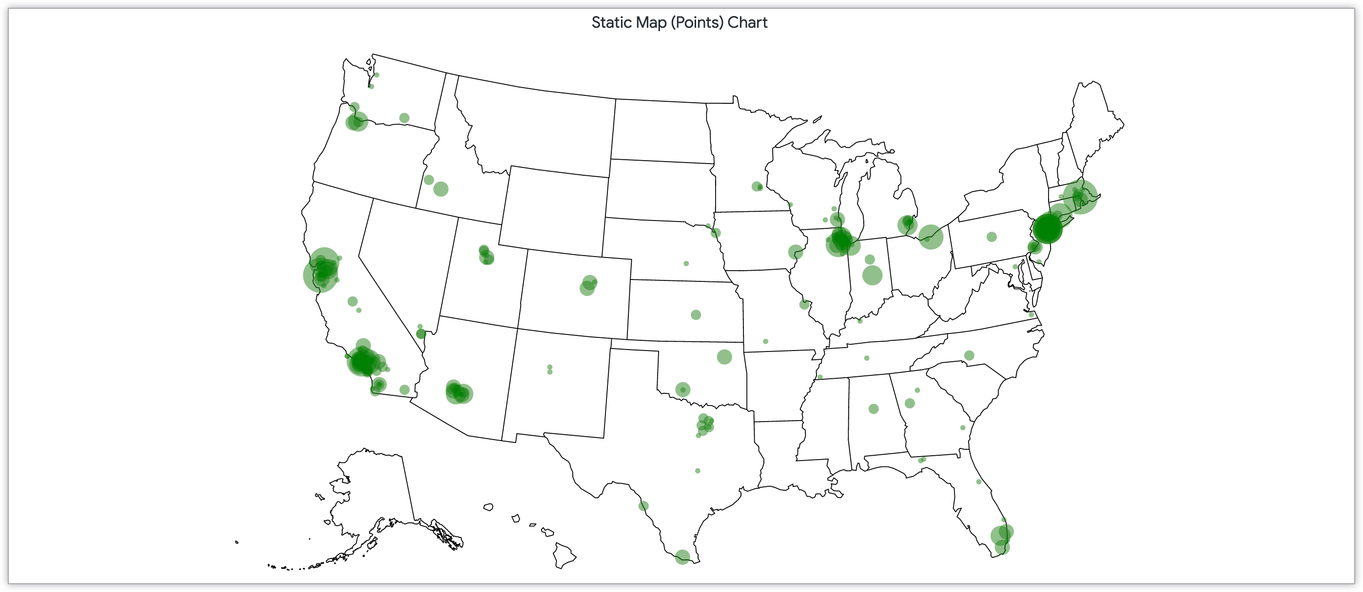 Gráfico de mapa estático con puntos de tamaño según la cantidad de clientes en códigos postales de todo Estados Unidos.