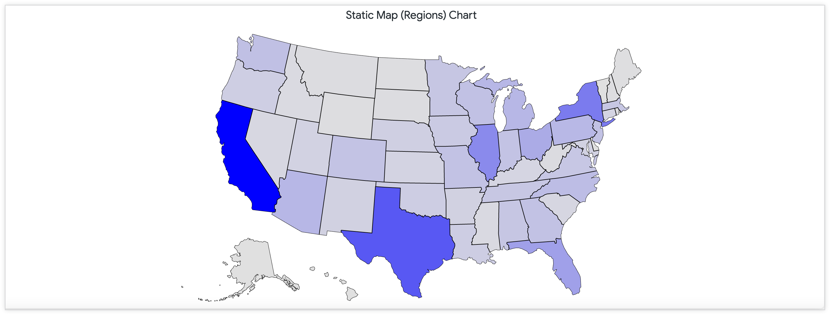 Peta statis yang menunjukkan jumlah lokasi toko di Amerika Serikat melalui palet warna yang berkelanjutan.