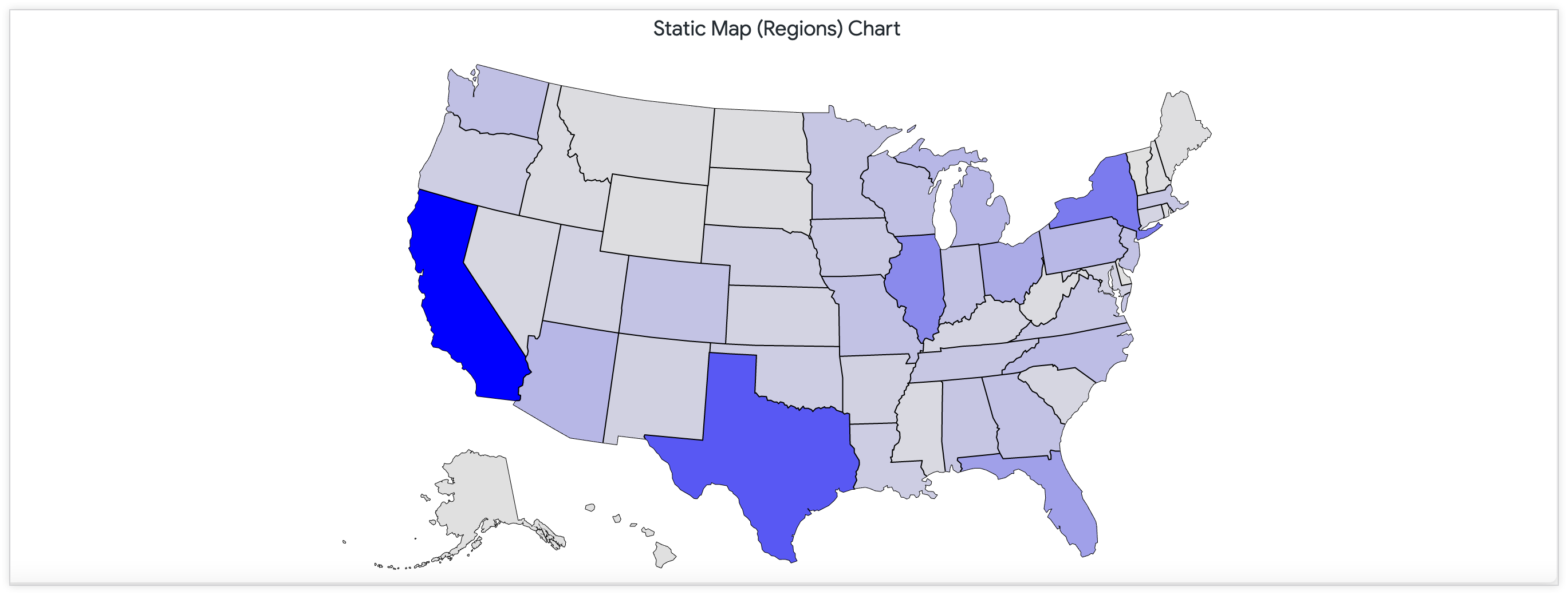 連続するカラーパレットを使用して米国の店舗の数を示す静的マップ。