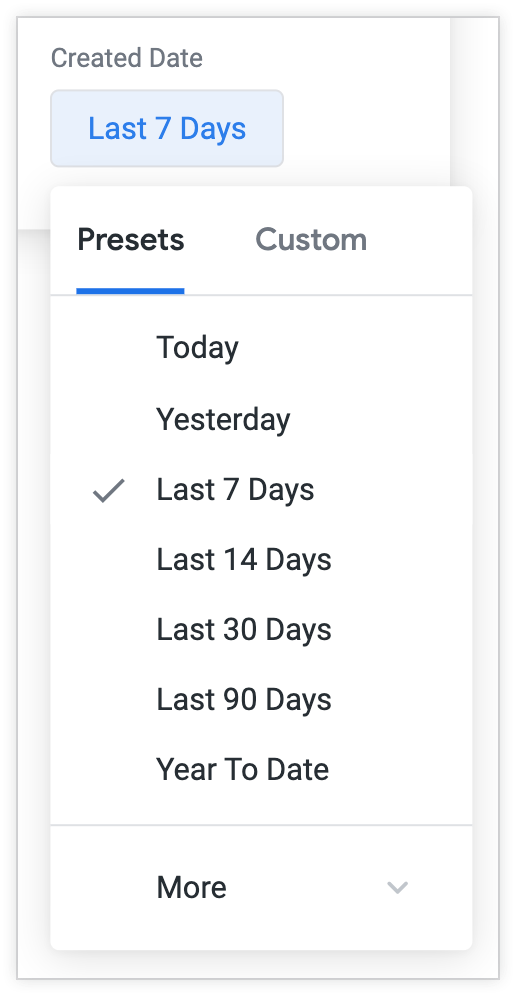 Timeframe controls initially appear as a timeframe. The timeframe can be selected to reveal a menu of preset timeframes as well as a custom tab.
