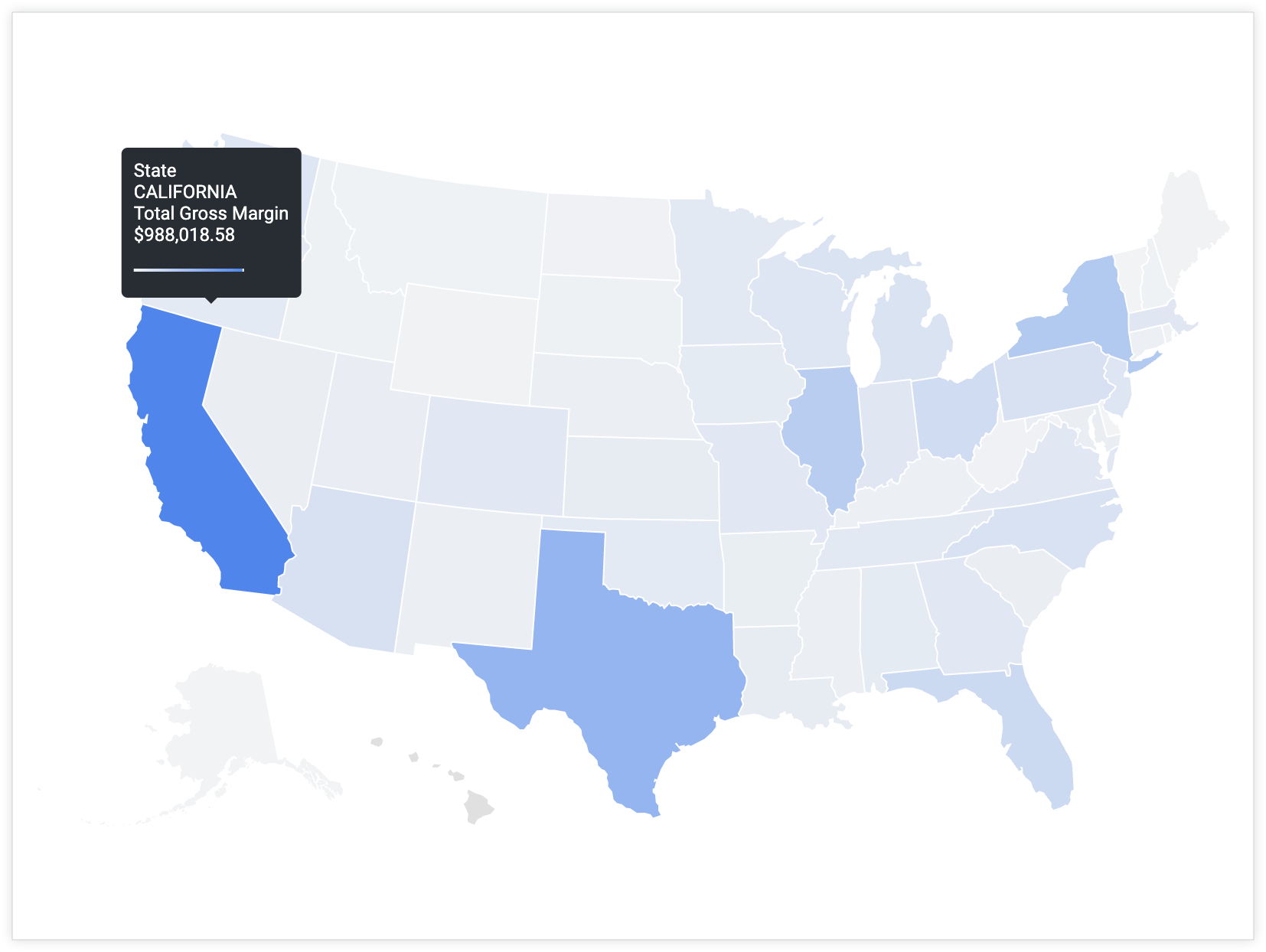 A user hovers their cursor over California to display a tooltip with the State value 'California' and Total Gross Margin value '$988,018.58'.
