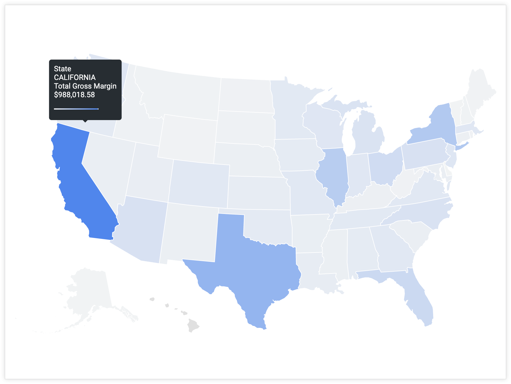 Saat pengguna mengarahkan kursor ke California, tooltip akan ditampilkan dengan nilai Negara Bagian California dan nilai Total Margin Kotor $988.018,58.