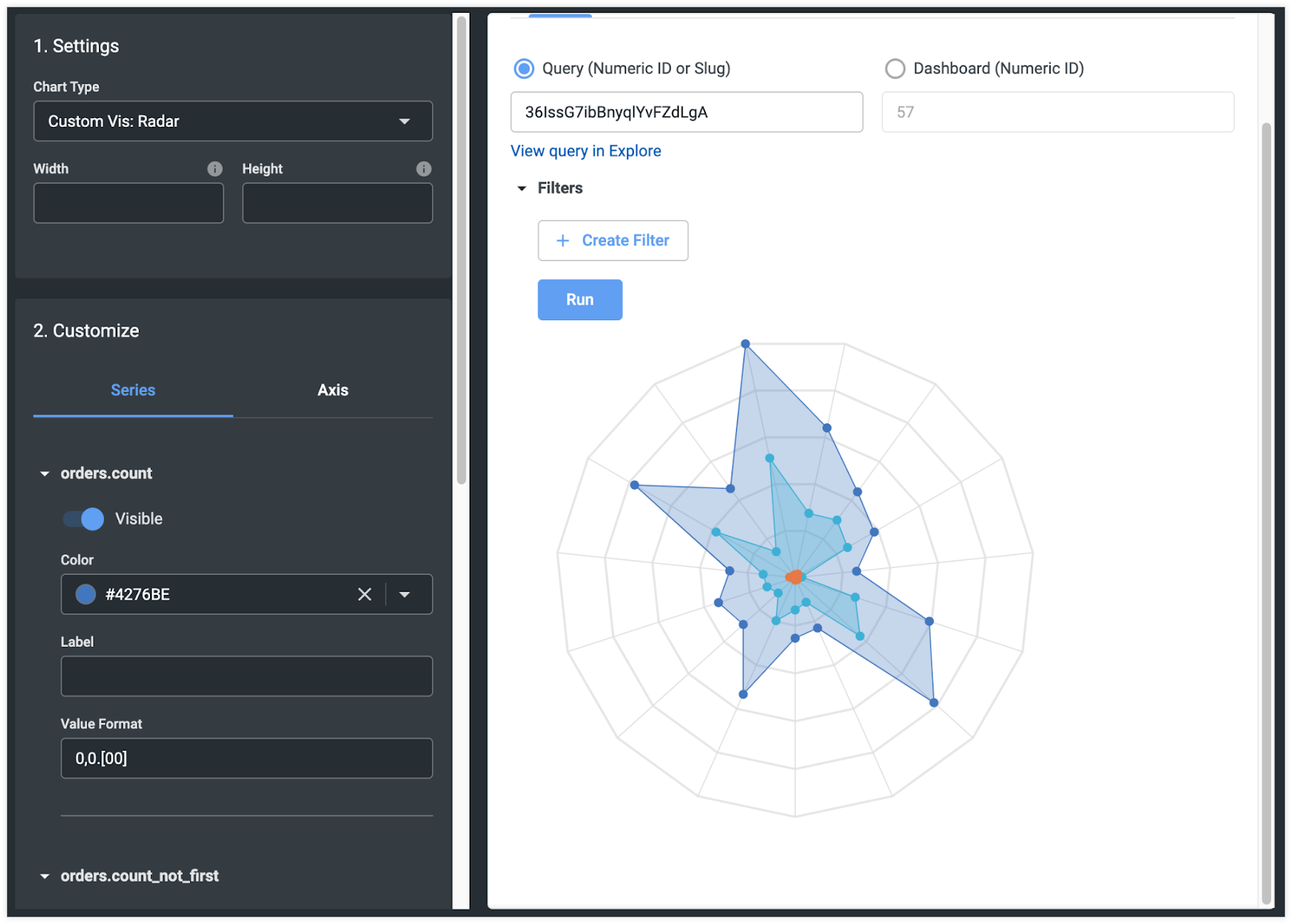 Se muestra un mapa de radar en el playground de visualizaciones.