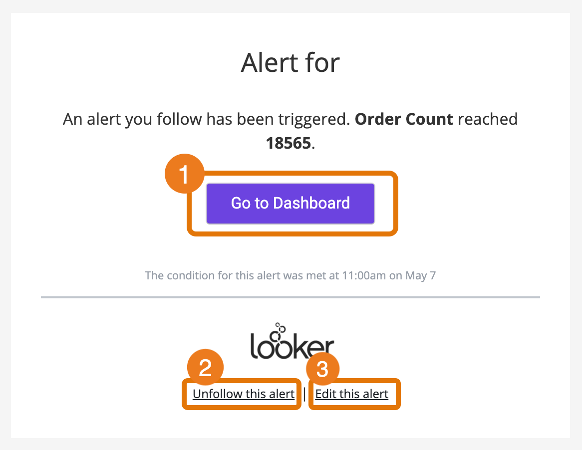 Uma captura de tela de um e-mail de notificação de alerta. Abaixo das informações do alerta, há um grande botão roxo intitulado &quot;Go to Dashboard&quot;, junto com um logotipo do Looker e dois links na parte inferior com a mensagem &quot;Parar de seguir este alerta&quot; e &quot;Editar este alerta&quot;.