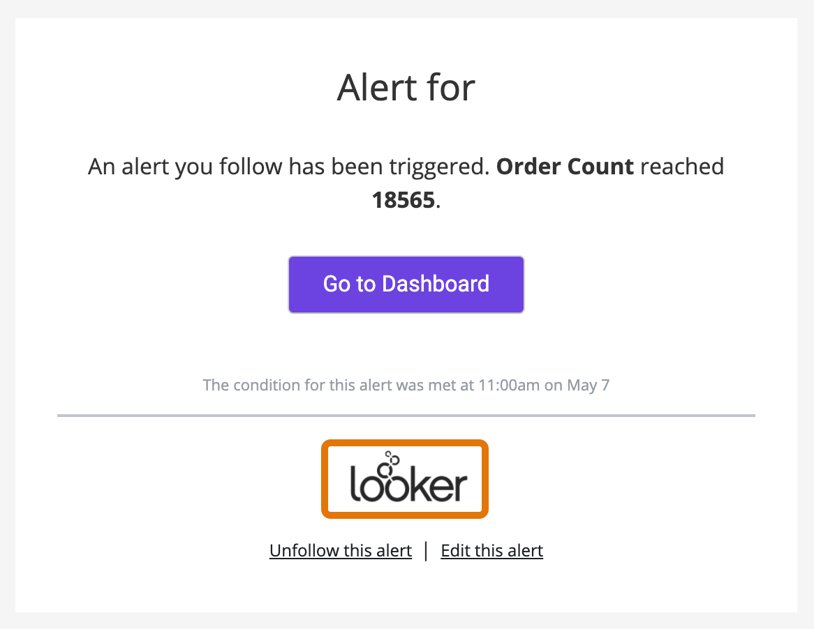 Capture d&#39;écran d&#39;un e-mail de notification d&#39;alerte. Le logo Looker apparaît en bas de l&#39;e-mail.