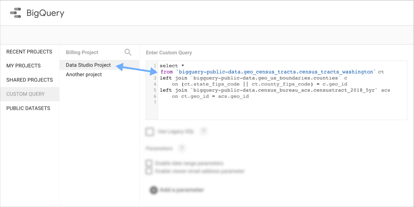 BigQuery 自訂查詢設定範例，帳單專案設為 Looker Studio 專案，而查詢會在查詢的 FROM 子句中指定 BigQuery 公開資料集。