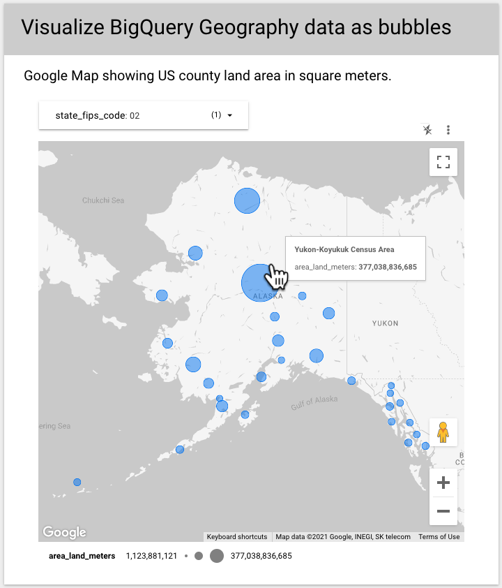 Un mapa de Google muestra las zonas censales de Alaska en forma de burbujas. Un cursor destaca la burbuja de la zona censal de Yukon-Koyukuk.