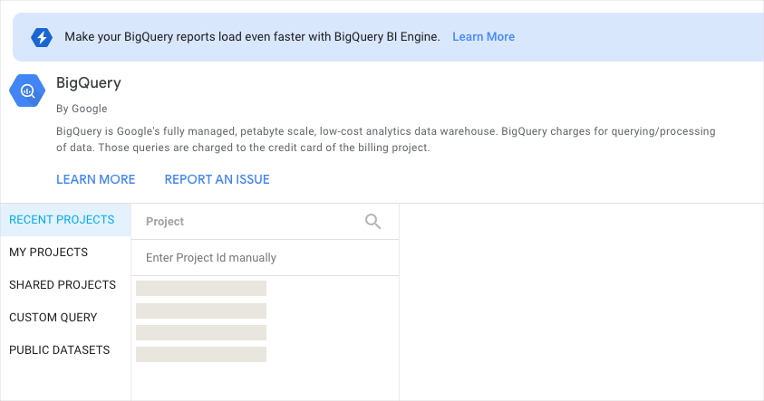 「Recent Projects」分頁會顯示在 BigQuery 的「Add data to report」面板中。