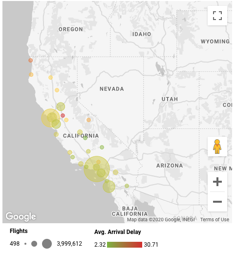 Peta balon menampilkan kedatangan maskapai penerbangan di California dengan jumlah penerbangan yang ditunjukkan oleh ukuran balon dan keterlambatan kedatangan rata-rata yang ditunjukkan oleh warna balon.