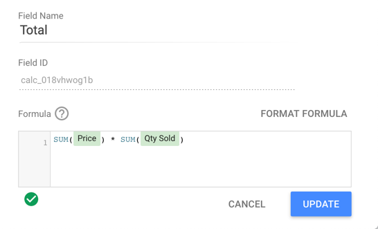 The Add a field panel displays the formula sum(Price) * sum(Qty Sold) for a calculated field called Total.