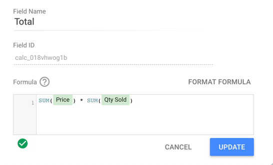 「新增欄位」面板會顯示名為「Total」的計算欄位公式 sum(Price) * sum(Qty Sold)。