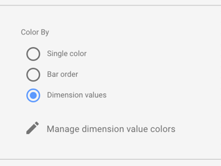 La sección Color por de un gráfico de barras muestra las opciones de color Color único, Orden de barras y Valores de dimensión.