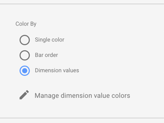 Im Bereich „Farbe nach“ für ein Balkendiagramm werden die Farboptionen „Einfarbig“, „Reihenfolge im Balkendiagramm“ und „Dimensionswerte“ angezeigt.