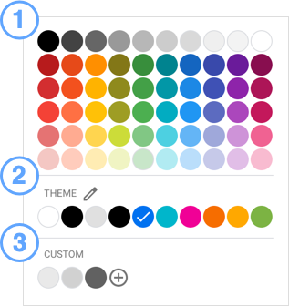 El selector de color muestra la paleta, la paleta de temas y la paleta de colores personalizados.