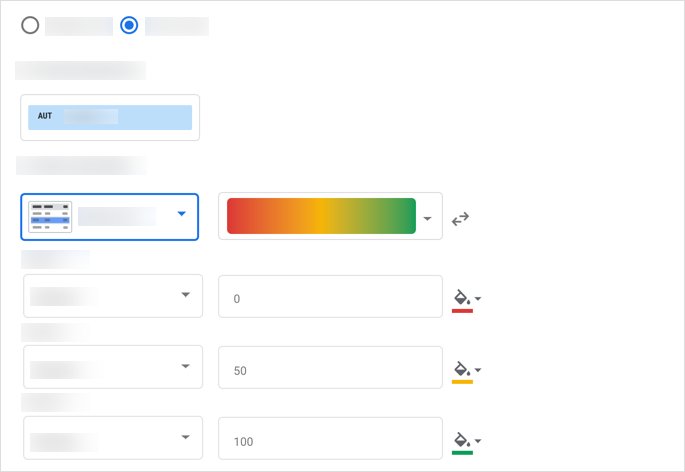 El panel de formato condicional Crear reglas muestra las reglas de formato predeterminadas para tres datos.