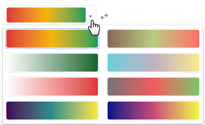 Un usuario selecciona el menú desplegable de escala de colores en la sección Color y estilo del panel Crear reglas para mostrar las opciones de escala de colores predeterminadas.