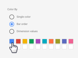 Un usuario asigna colores a las barras de un gráfico de barras con la opción Orden de barras seleccionada en la sección Color según de la pestaña Estilo.