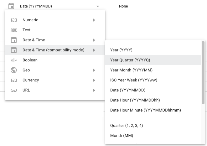 Les options du type de date et d&#39;heure du mode de compatibilité dans le panneau &quot;Modifier la connexion&quot; incluent des périodes telles que l&#39;année (AAAA), le trimestre (AAAAT) et le mois (AAAAM), entre autres.