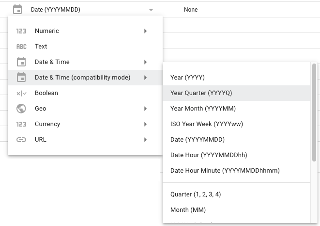 Zu den Optionen für die Datums- und Uhrzeitoption im Kompatibilitätsmodus auf dem Tab „Verbindung bearbeiten“ gehören unter anderem Zeiträume wie „Jahr“ (JJJJ), „Quartal“ (JJJJQ) und „Jahr und Monat“ (JJJJM).