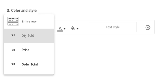 La sección Color y estilo del panel de formato condicional Crear reglas para un gráfico de tabla muestra opciones de campos y estilos.