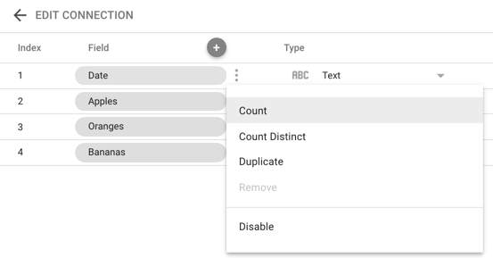 Un utilisateur sélectionne le menu à trois points d&#39;un champ &quot;Date&quot; dans le panneau &quot;Modifier la connexion&quot; pour afficher les options de métriques disponibles pour ce champ, à savoir &quot;Nombre&quot;, &quot;Valeurs distinctes&quot;, &quot;Dupliquer&quot; et &quot;Désactiver&quot;.