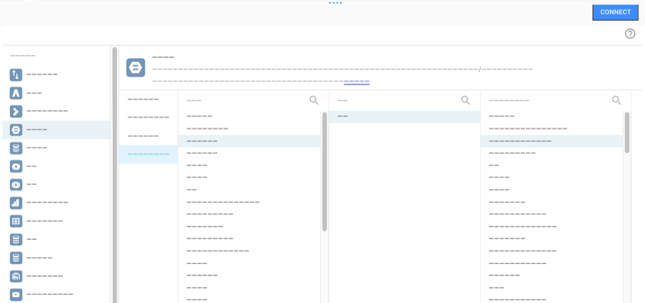 The Select Connector panel for a BigQuery connection displays options for Projects, Billing Projects, Data Sets, and the available Tables.