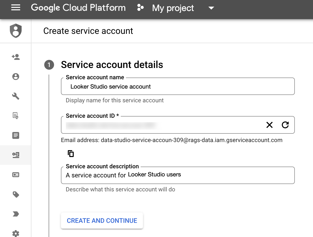 Halaman Create service account di Google Cloud Platform dengan kolom Service account name, Service account ID, dan Service account description yang sudah diisi.