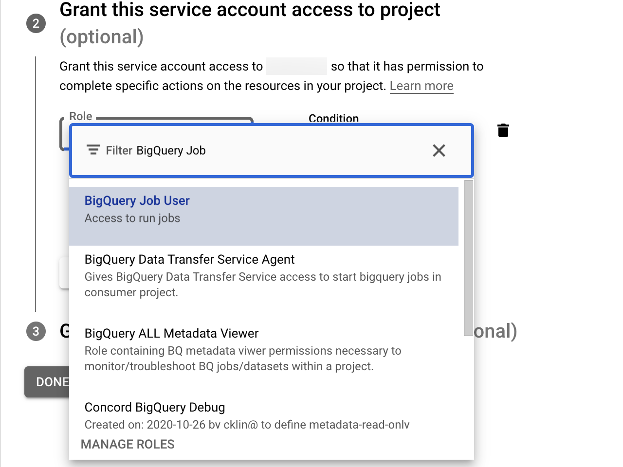 A user enters the text BigQuery Job in the Role filter box and selects the BigQuery Job User role from the results drop-down menu.