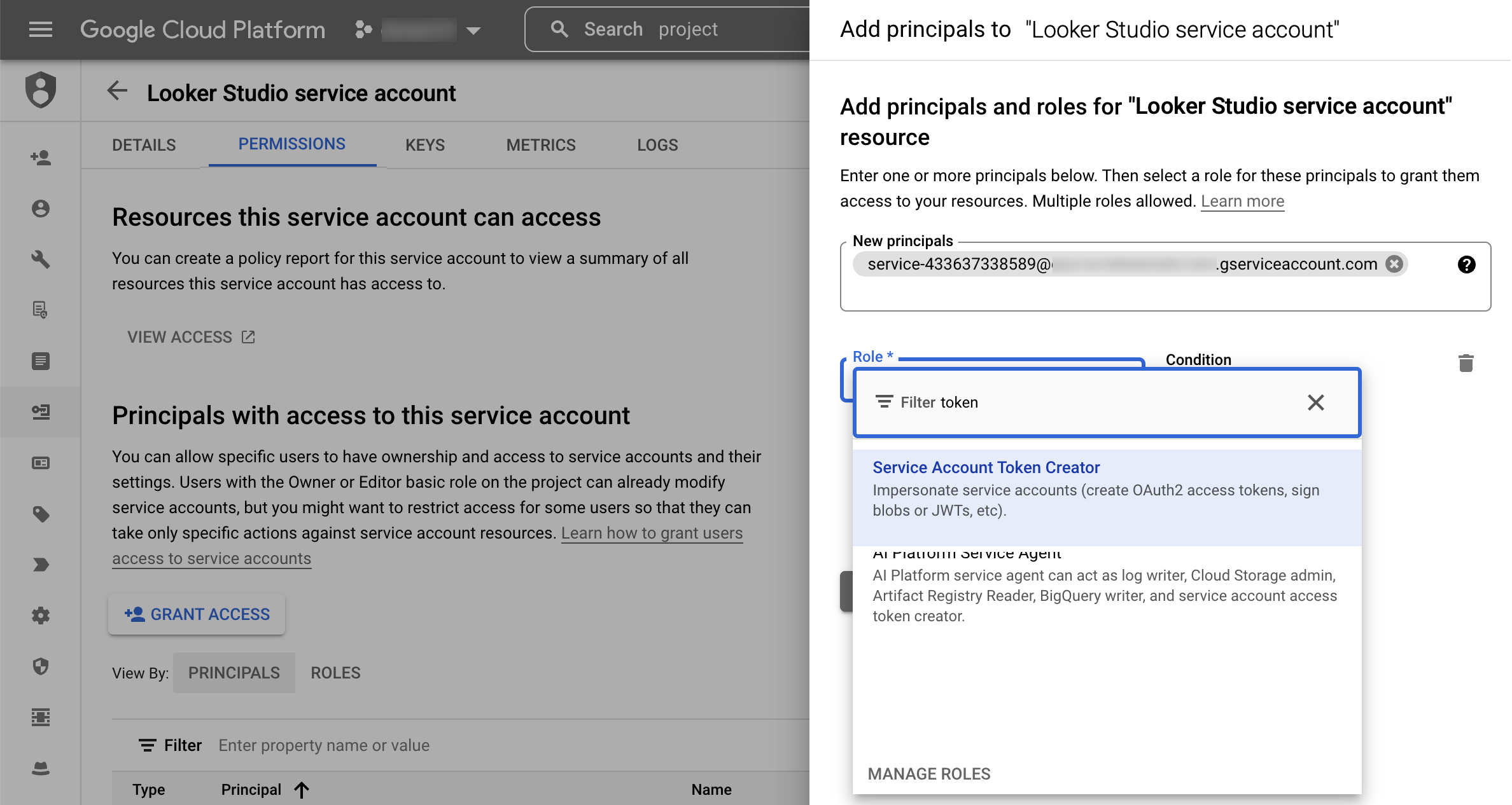 On the Add principals panel, a user enters the Looker Studio service agent email in the New principals field, enters the word token into the Role filter box, and selects the Service Account Token Creator role from the results drop-down menu.