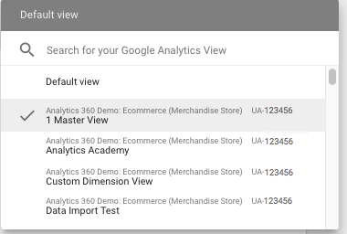 A lista suspensa &quot;Pesquisar sua visualização do Google Analytics&quot; mostra as visualizações que um usuário de exemplo pode acessar, incluindo 1 visualização principal, a Academia do Google Analytics, a visualização de dimensão personalizada e o texto de importação de dados.