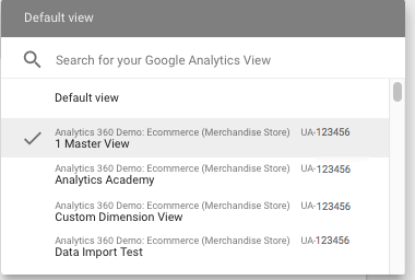 「搜尋 Google Analytics 資料檢視」下拉式清單會顯示範例使用者可存取的資料檢視，包括 1 個主資料檢視、Analytics Academy、自訂維度資料檢視和資料匯入文字。