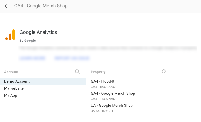 Google Analytics 连接器配置页面。选择了 Google Analytics 演示账号，该账号下的三个媒体资源显示在媒体资源列表中。