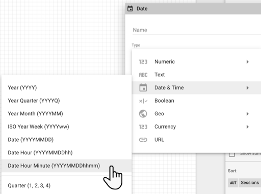 Option de type de données &quot;Date, heure et minute&quot; mise en surbrillance dans le menu de la source de données de type de données &quot;Date et heure&quot;.