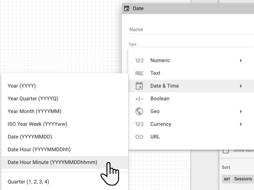 Opção de tipo de dados Data, hora e minuto realçada no menu de origem de dados do tipo de dados Data e hora.