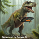 A Tyrannosaur stands in a primeval forest holding a computer tablet displaying data visualizations.