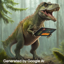 Un tyrannosaure se tient dans une forêt primitive et tient une tablette affichant des visualisations de données.