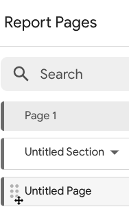 使用者選取並移動名為「Untiled Page」的頁面，重新排序「Report Pages」面板中的頁面。