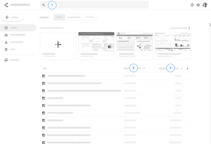 The Looker Studio home page displays the search bar and report list with the Owned by and Last opened by filters, which can be used to find reports.