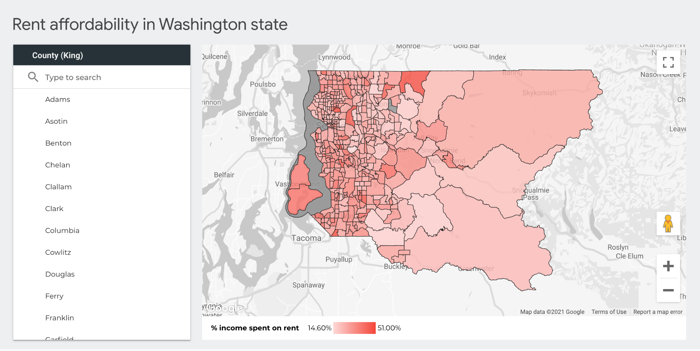 Una mappa Google mostra i poligoni GEOGRAPHY di BigQuery di colore rosso che rappresentano la percentuale di reddito destinata al canone di affitto per contea nello stato di Washington.