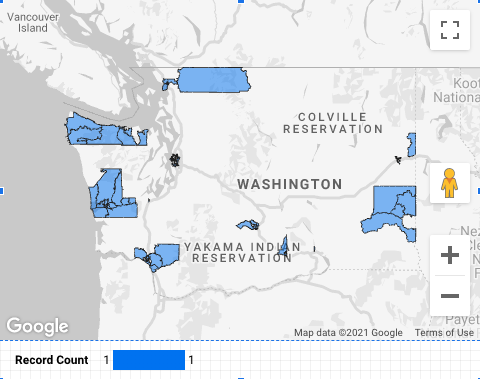 Un mapa de Google con polígonos geográficos azules que representan la asequibilidad de la renta en el estado de Washington por condado muestra polígonos solo para algunos condados.