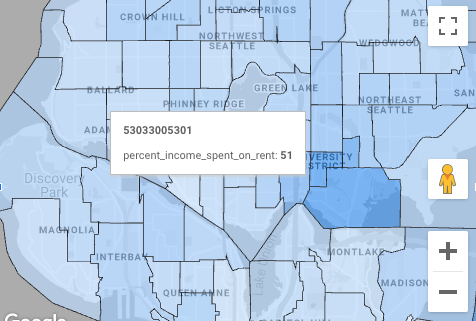 ワシントン州の家賃を示す Google マップのグラフのツールチップで、geo_id のツールチップ ディメンションにデータポイントの詳細として「53033005301 percent_income_spent_on_rent: 51」と表示されています。