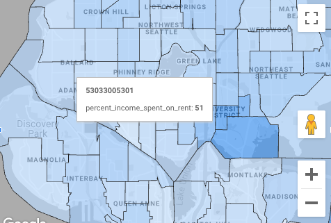 Die Kurzinfo im Google Maps-Diagramm zu Mieten für den US-Bundesstaat Washington mit der Dimension „geo_id“ enthält diese Details zum Datenpunkt: „53033005301 percent_income_spent_on_rent: 51“.