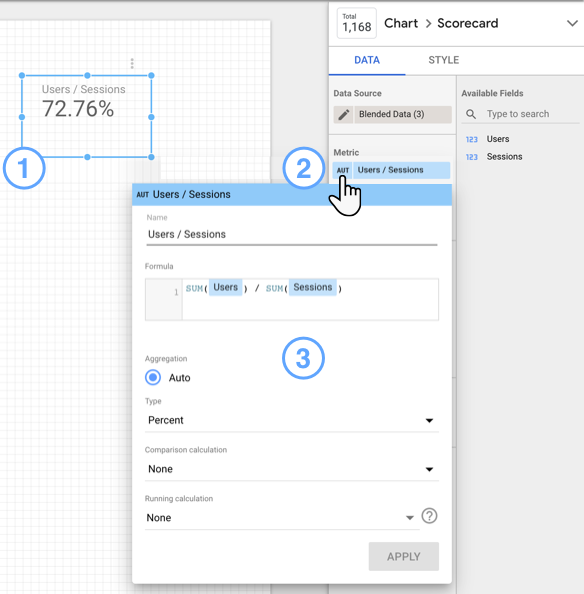 A user selects a scorecard chart that displays 72.76% Users/Sessions and then edits the Users/Sessions metric definition by selecting the Type icon next to the field name.